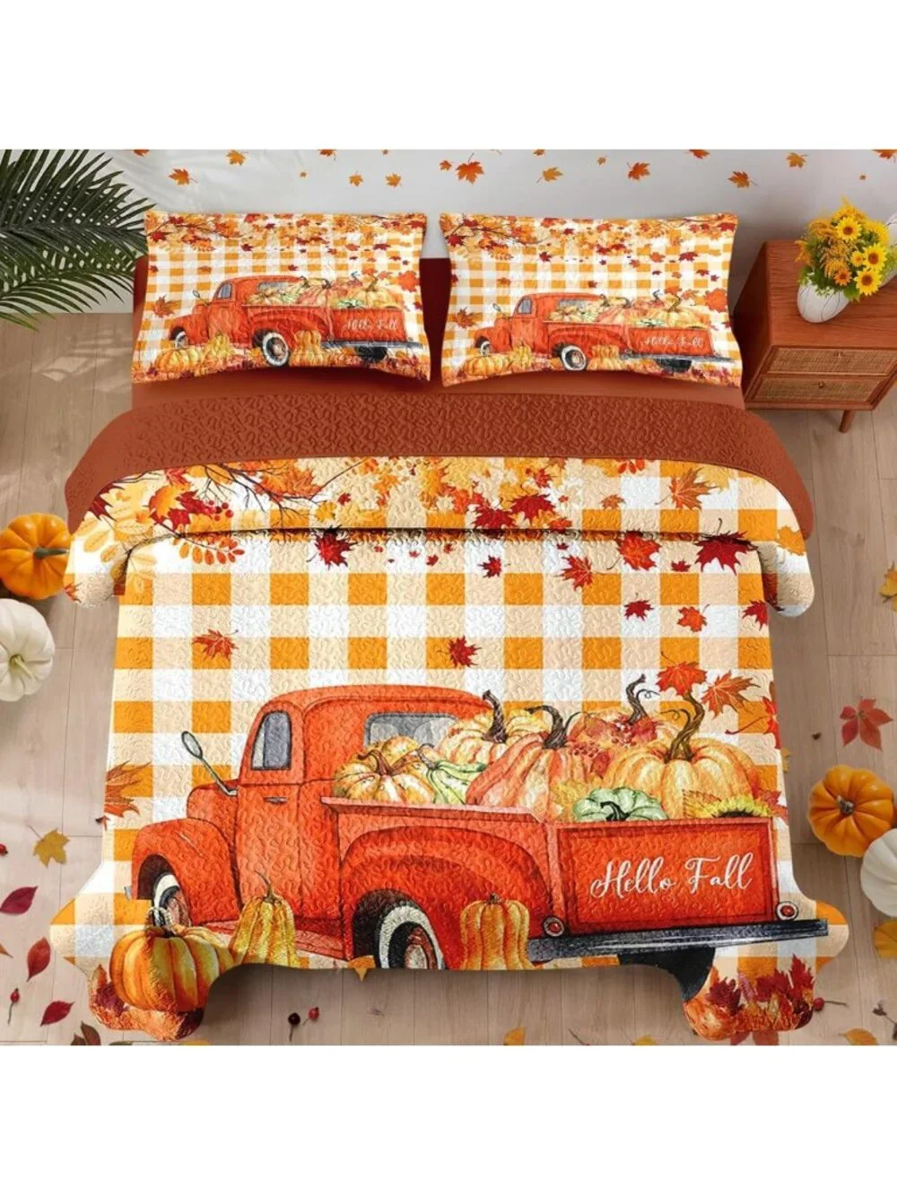 Cozy King Fall Quilt Set - 3 Piece Autumn Truck Bedding, Perfect for Seasonal